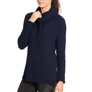 ATHLETA S Borealis Cowl Neck Sweater Women Navy Chunky Merino Wool Knit Side Zip